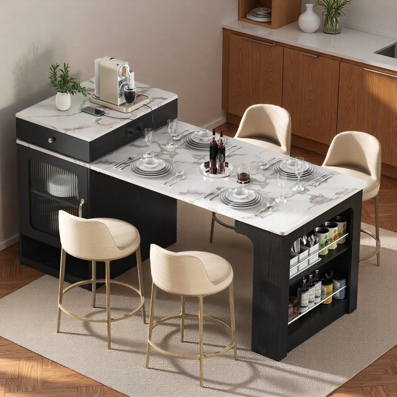 Îlot de cuisine avec table de salle à manger extensible, rangement double face, 2 tiroirs, prise de courant et tablettes latérales ouvertes