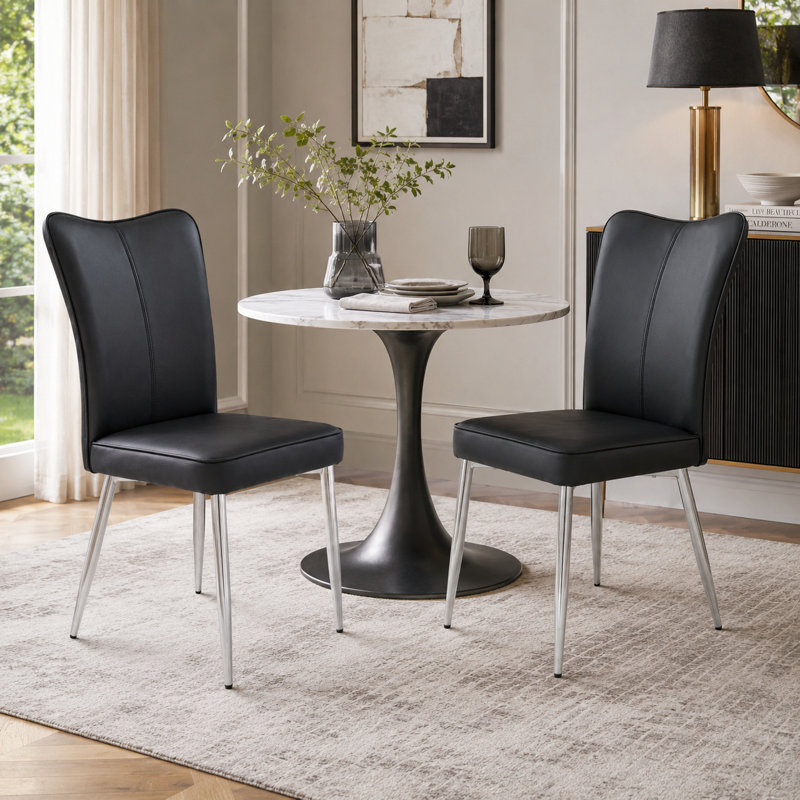 Keasya 18.3" H Faux Leather Upholstered Modern Dining Chairs, Faux Leather Black, Silver