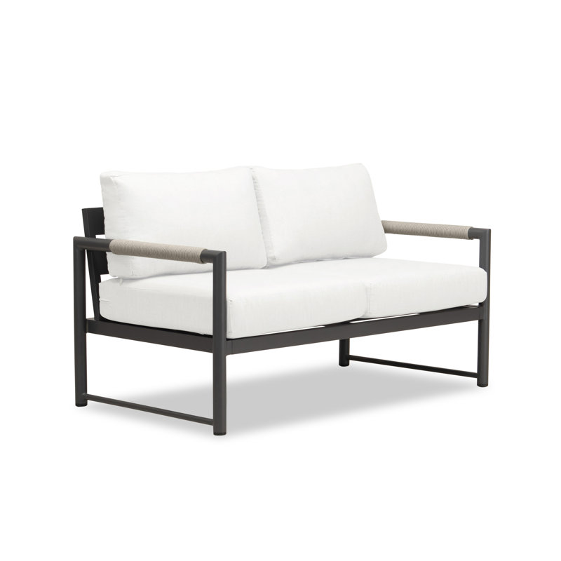 Obaida 57'' Wide Powder Coated Aluminum Loveseat with Cushions, Black, Canvas Natural