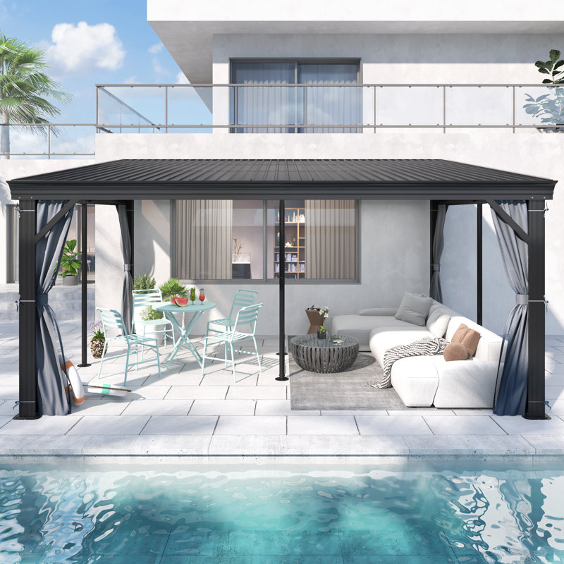 Pavillon de jardin mural en acier galvanisé à toit rigide de l 12 pi x P 15 pi, pavillon en aluminium robuste avec filet et rideaux