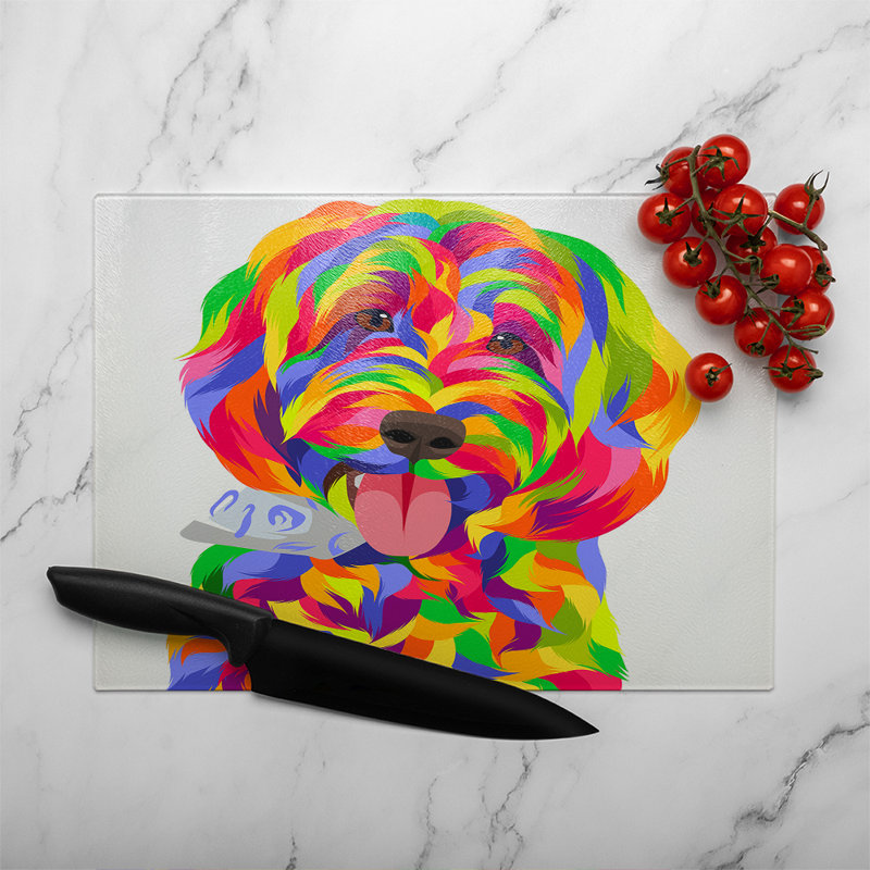 Animal Dog Illustration Pop Art Designer Glass Chopping Board, 40cm L x 28cm W