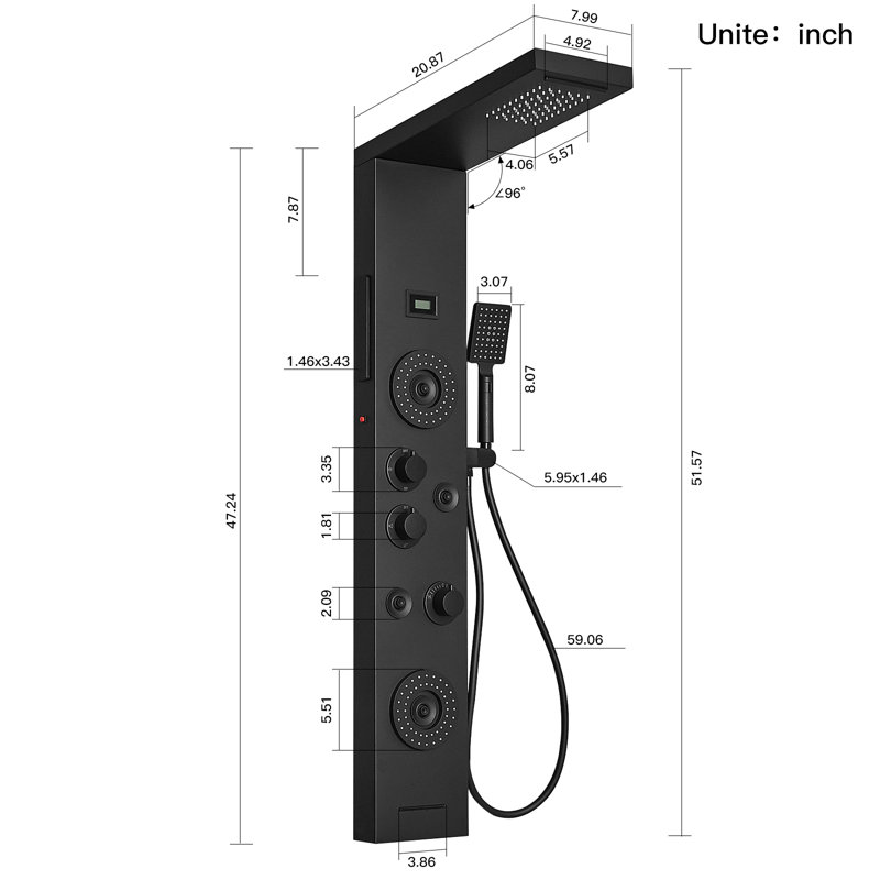 Obsidian 6-way Diverter Shower Tower Panel System with Adjustable Shower Head, Matte Black