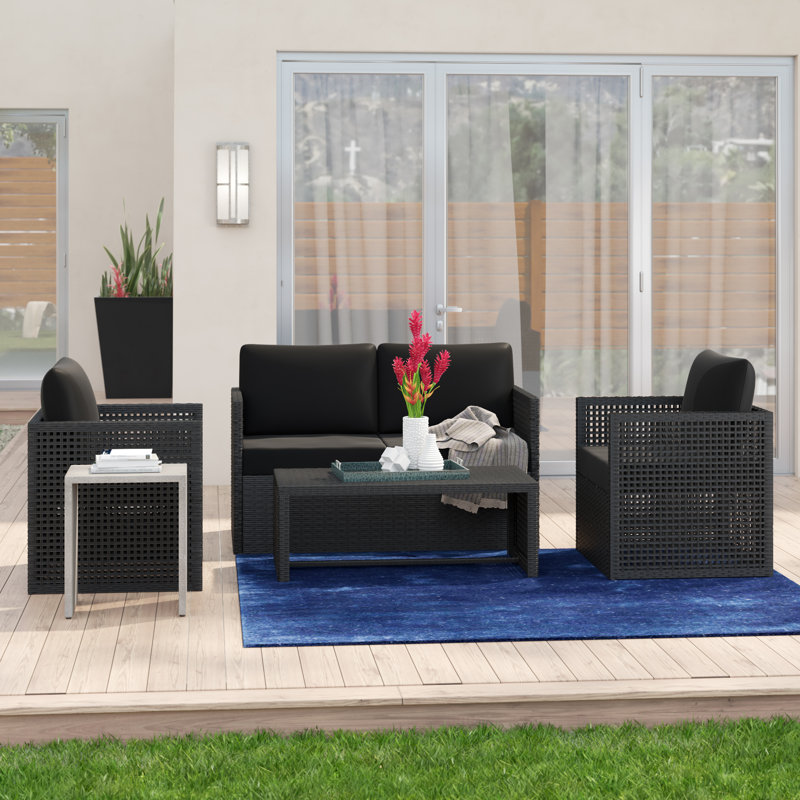 Jurvon 4 - Person Patio Conversation Set with Cushions, Black Frame/Black Cushion