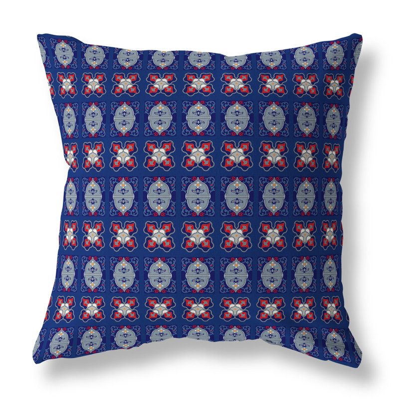 Coussin décoratif réversible intérieur / extérieur Darbari Dynasty, H 16 po x l 16 po, Bleu/gris/rouge