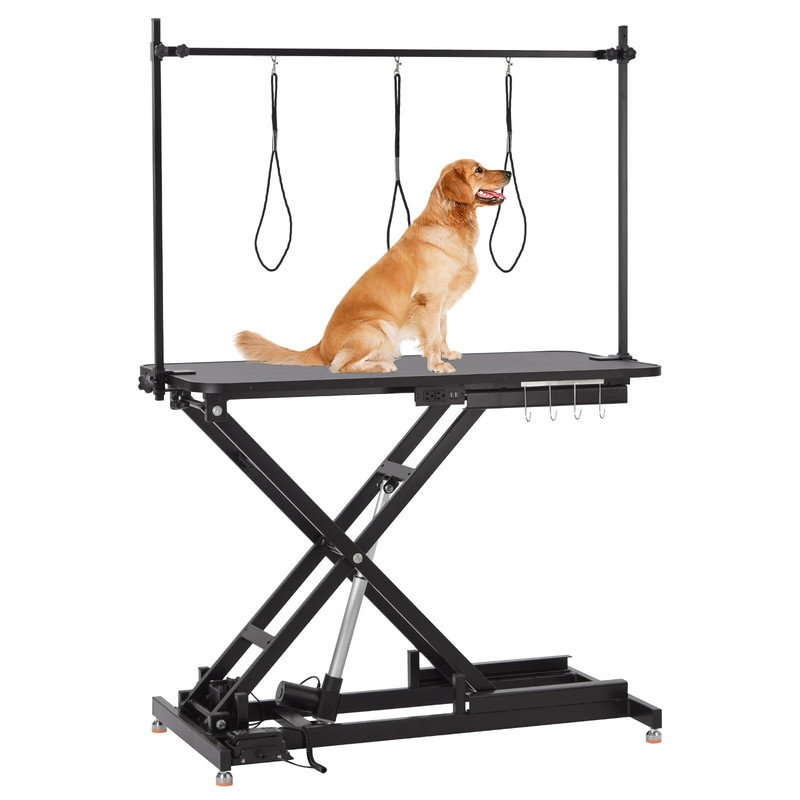 Station de toilettage électrique pour chien, hauteur réglable de 9,4 à 39,4 po, capacité de 264 lb, commande au pied, range-outils, 47 po