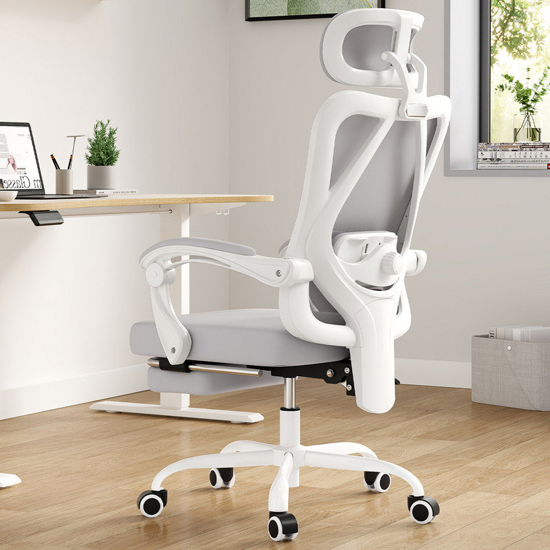 Ergonomic Mesh Office Chair with Adjustable Lumbar Support, Headrest, and Retractable Footrest, Gray