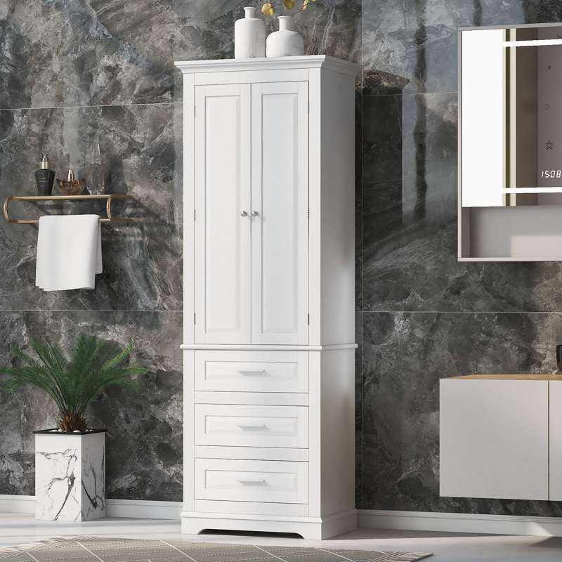 Tall Storage Cabinet With Three Drawers For Bathroom Office, White