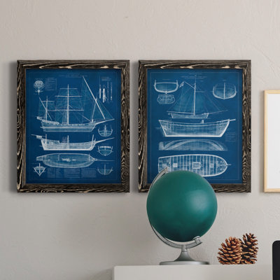 " Antique Ship Blueprint I " 2 Piece Art Color Photography Painting