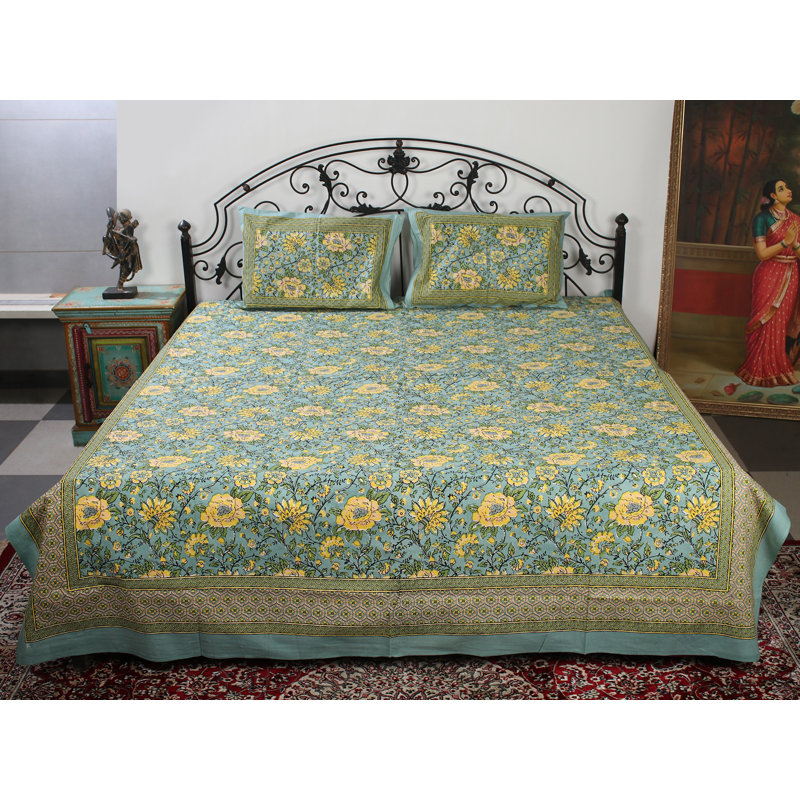 Drap-housse en coton Exotic India, Floral jaune / vert