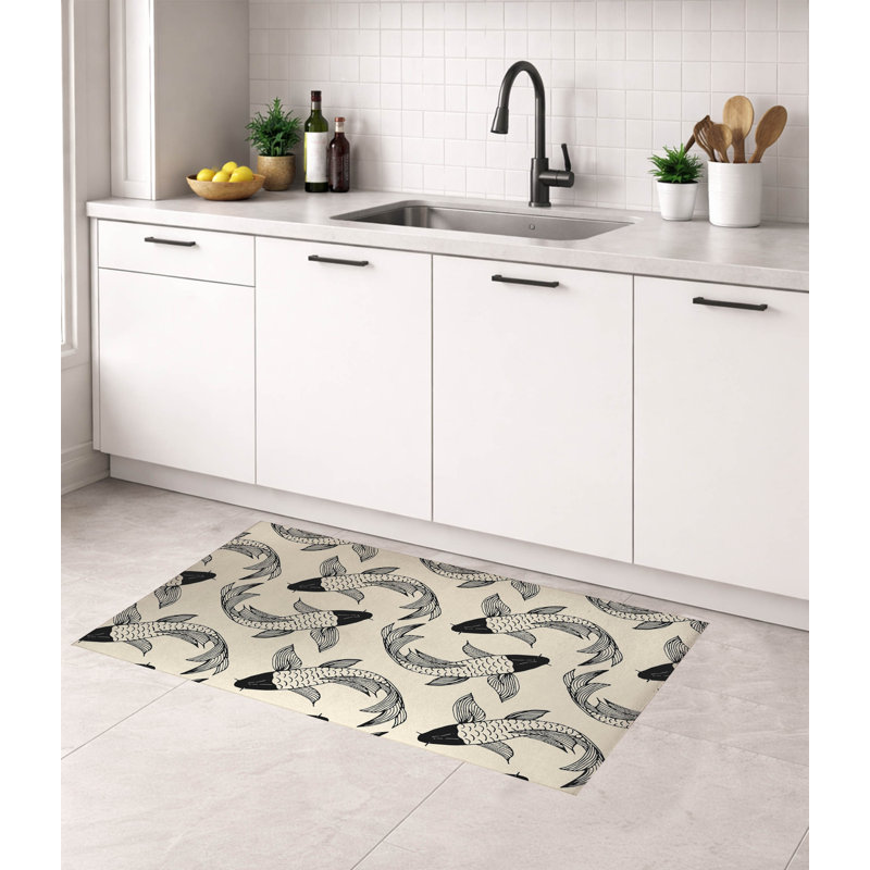Koi Fish Flow Low Profile Kitchen Mat, Midnight Charcoal, Rectangle 2' x 3'