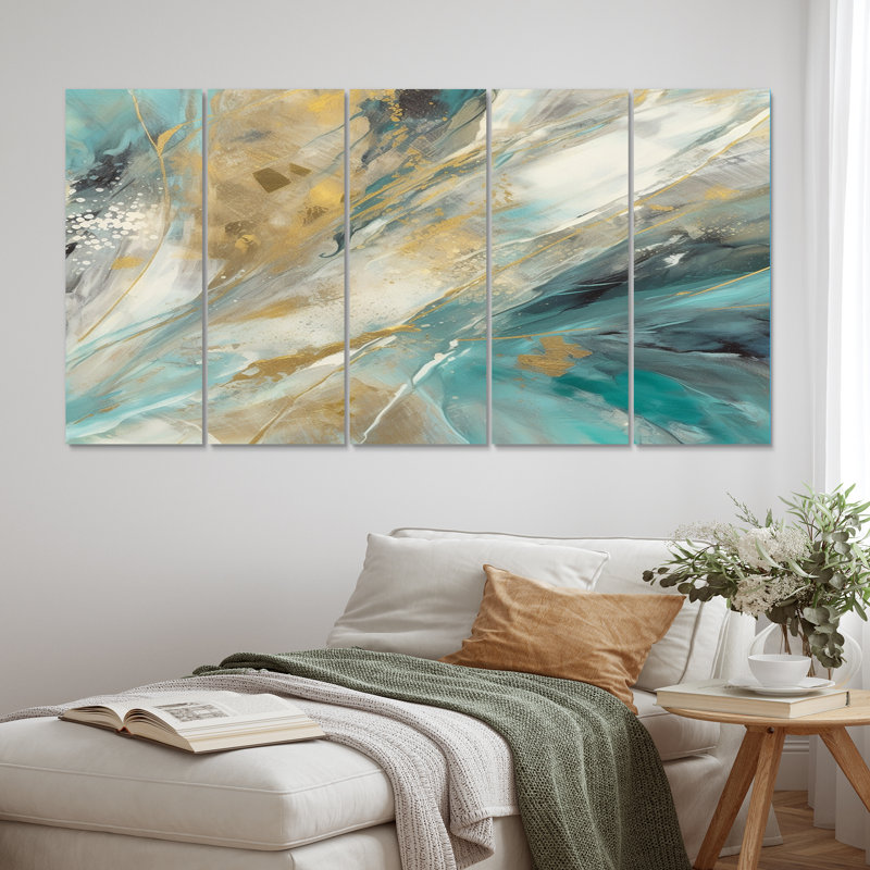 Turquoise Serendipity, peinture abstraite I - art mural abstrait sur toile - 5 panneaux égaux