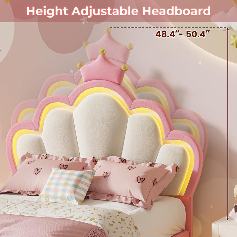 Bed Frame With Led Lights, Girls Full Bed With Princess Crown, Led Velvet Upholstered Platform Bed Frame With Adjustable Headboard, No Box Spring Needed