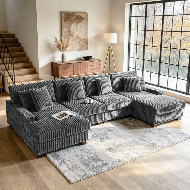 4 - Piece Upholstered Gray Faux Rabbit Fur Flannel Modular Sectional Sofa with Armrests & Throw Pillows, Gray Faux Fur
