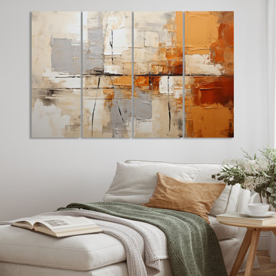 Impression d'art mural gris, jaune et orange - Collages abstraits - 4 panneaux