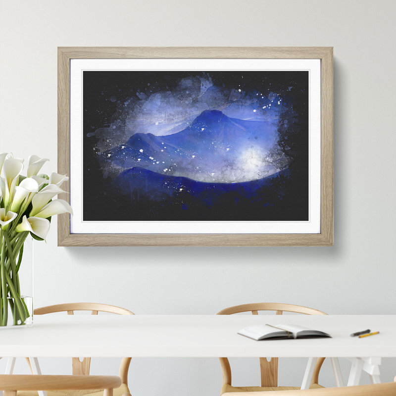 Purple & Blue Mountain Tops Paint Splash - Picture Frame Graphic Art, 45cm H x 63cm W x 2cm D, Oak Framed