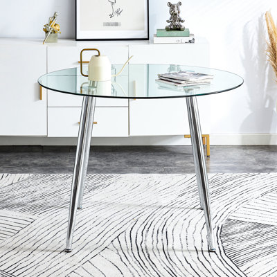 Table ronde de 38,6 po de diamètre, verre trempé transparent, pieds en métal argenté, table de salle à manger ronde de petit salon avec plateau en verre transparent et pieds en métal argenté, fonction antidérapante, bon