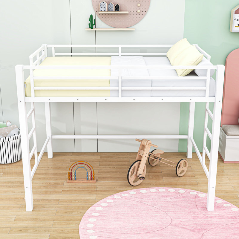 Metal Loft Bed with Ladder and Guardrails, Queen