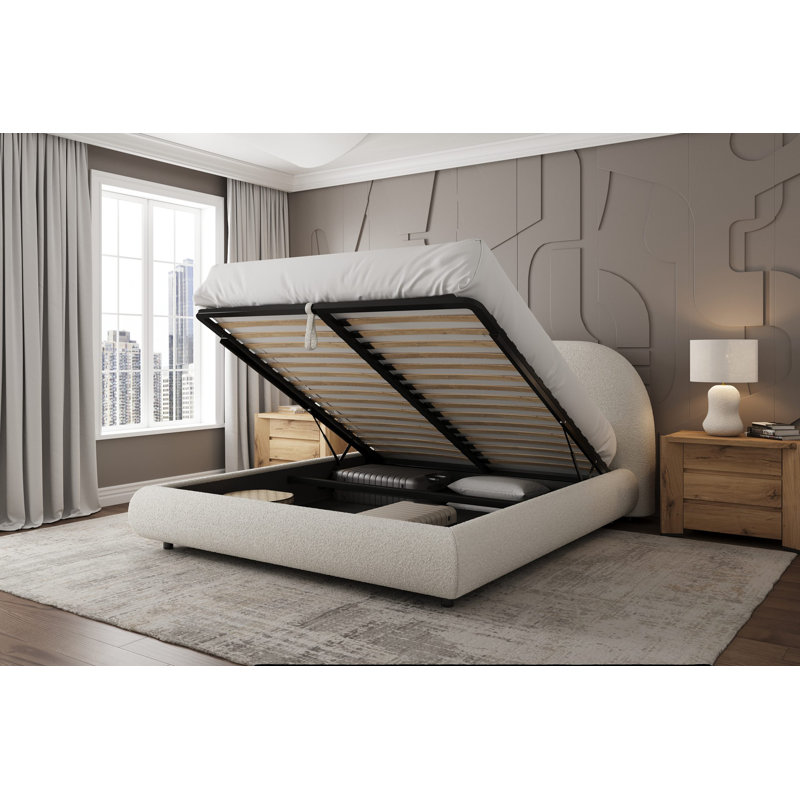 Modern Upholstered Burgas Bed with Rounded Headboard and Storage, Performance Fabric, Queen