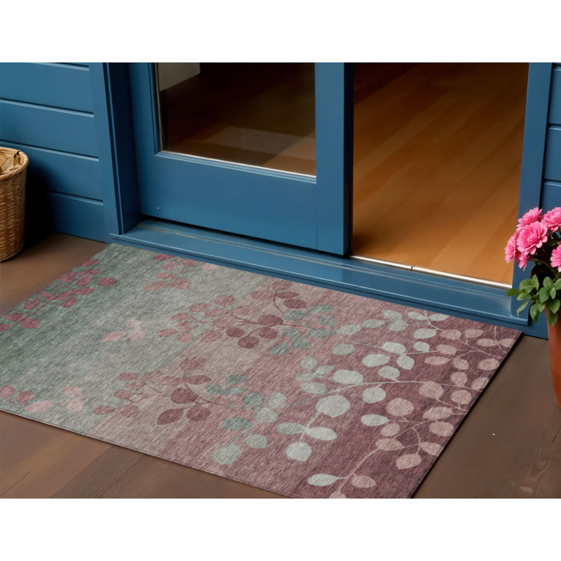 3' X 5' Blush And Emerald Floral Washable Indoor Outdoor Area Rug