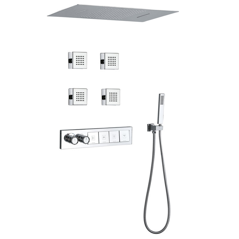 24.8*12.99" Luxury Thermostatic 4-Function Rainfall Shower System, Ceiling Mounted Shower System with Body Jets with Rough-in Valve