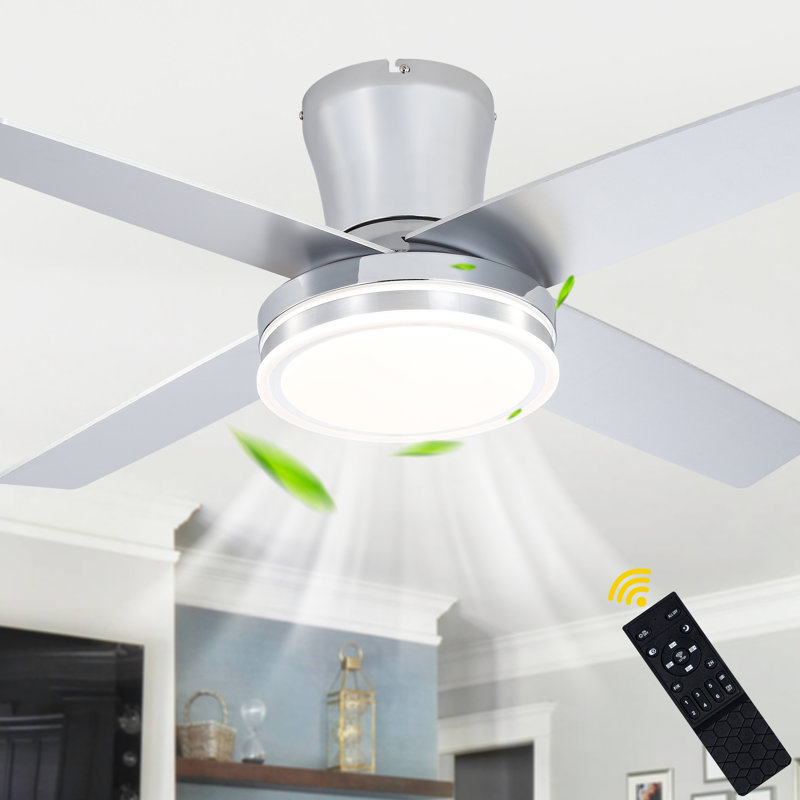 Ventilateur de plafond chromé encastré de 112 cm (44 po) avec lumière, télécommande et application de contrôle, moteur CC silencieux réversible à 6 vitesses pour chambre à coucher et salon