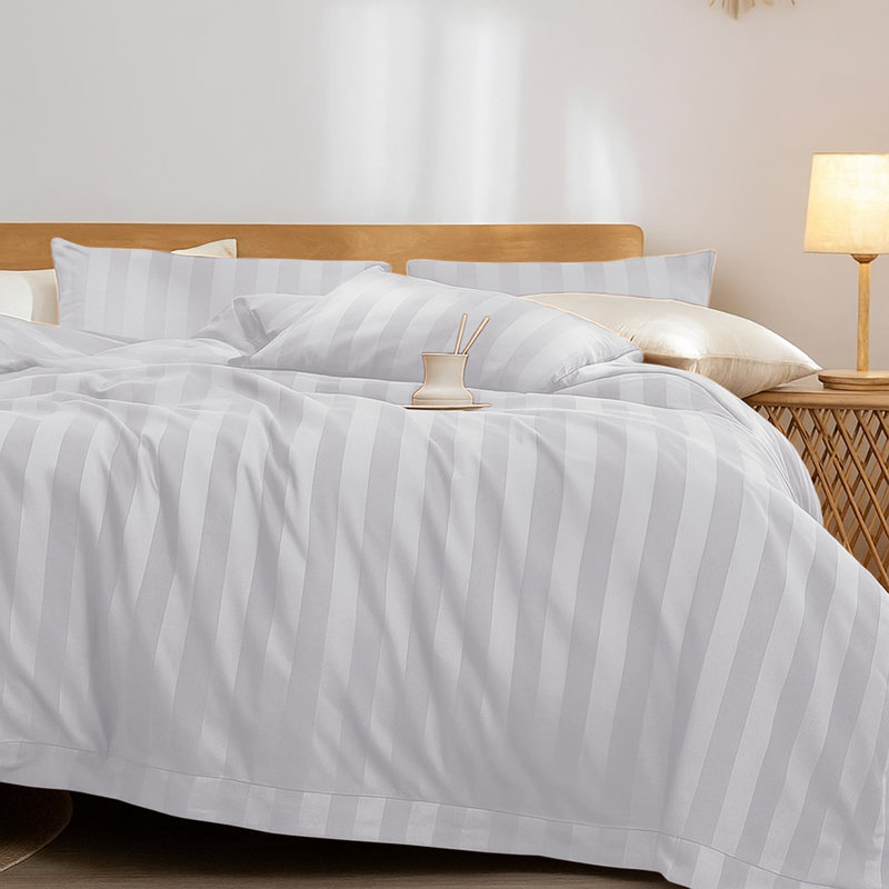 Microfiber Striped Duvet Cover Set with Matching Pillowcases & Fitted Sheet, White Striped