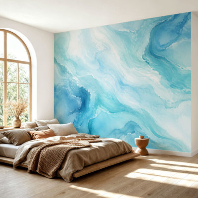 Papier peint adhésif autocollant Pastel cyan, menthe, marbre liquide, aquarelle, lignes ondulées, taches de pinceau, sarcelle, papier autocollant amovible, décoration murale pour salon, chambre à coucher H 69 po x l 96 po