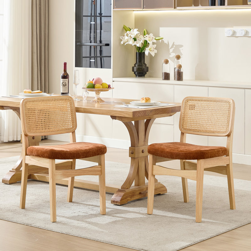 Anandi Brown Rattan Back 19.29" H Textured Chenille Dining Chair with Rubber Wood Legs, Brown / Natural Wood