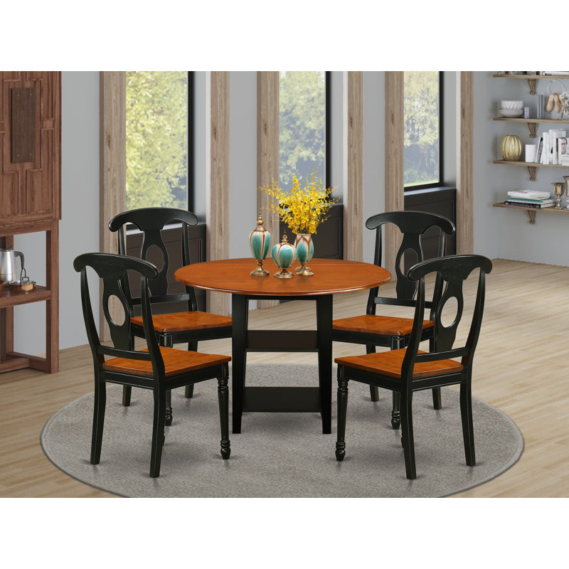 L'ensemble de table de cuisine 5 pièces pour 4 personnes comprend une table de salle à manger ronde avec Dropleaf et des tablettes et 4 chaises, noir et cerise