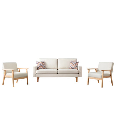 Lin beige 70 po et 2 chaises, approche avec 5 sièges, coussins décoratifs, pieds en bois avec sièges, finition naturelle