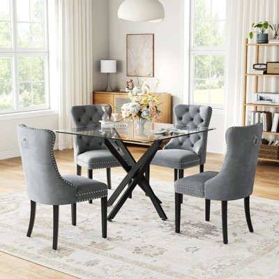 5-Piece Square Dining Set, 36" Tempered Glass Table With Matte Black X-Base And 4 Velvet Dining Chairs With Pull Rings, Modern Kitchen Furniture Set