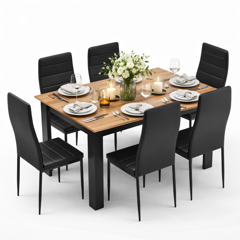 6 - Person Dining Set, Oak/Black