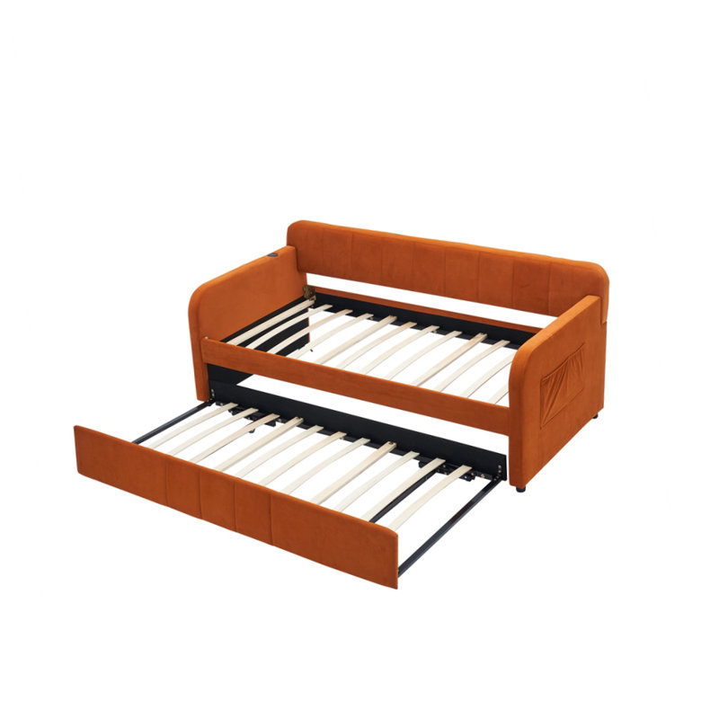 Velvet Upholstered Daybed Frame with Trundle for Bedroom Living Room Guest Room, Orange