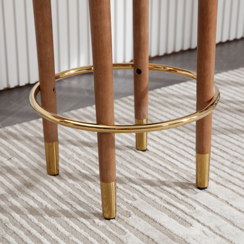 Modern Upholstered Bar Stool Without Backrest With Gold Ring Stirrups, Linen - Charcoal Seat/ Brown Frame