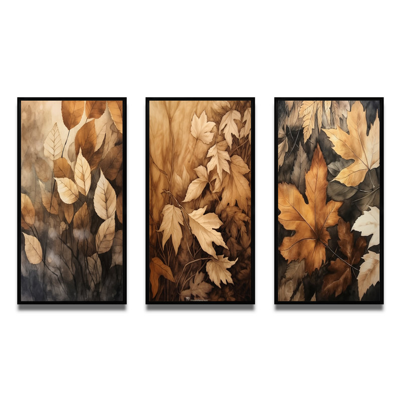 «Brown Beige Leafs» Harmony V - ensemble d'art mural floral de 3, H 32 po x l 48 po, Cadre flottant noir