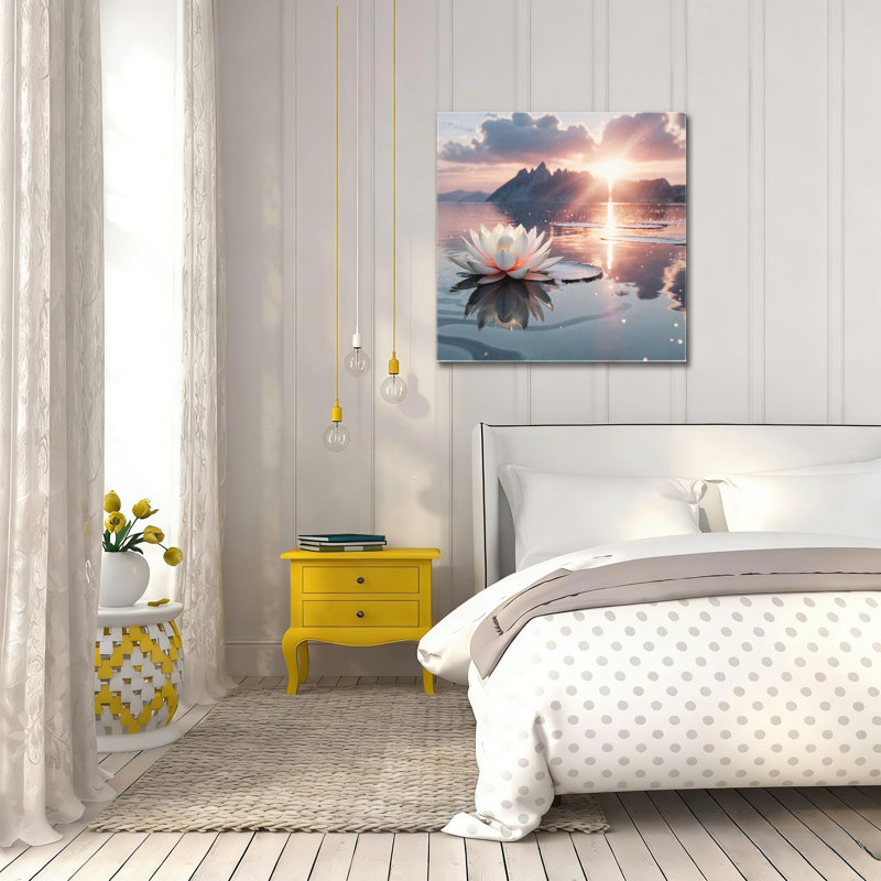 «Lake Sunrise Water Lily», art mural en bois encastré ， 16 x 16