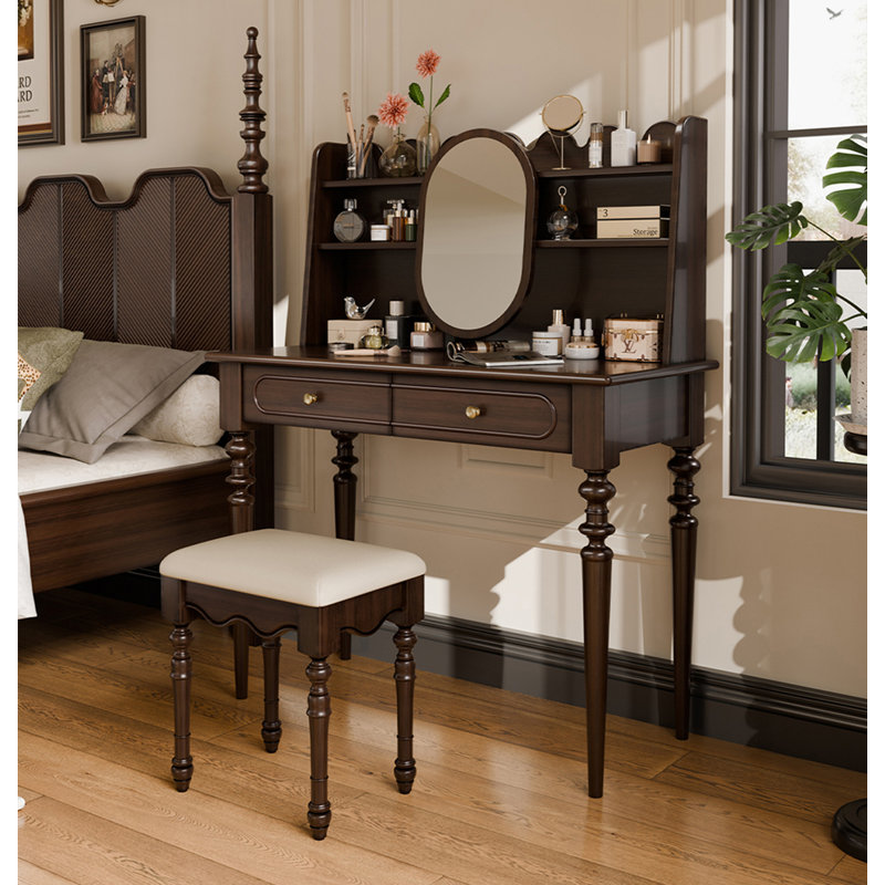 Vintage American Solid Wood Vanity Table With Storage Shelves And Matching Stool For Bedroom