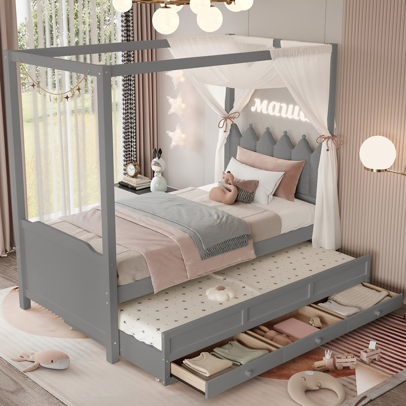Lit plateforme avec tête de lit tapissier, lit gigogne et 3 tiroirs, cadre de lit à baldaquin princesse pour enfants, rangement et assemblage facile.