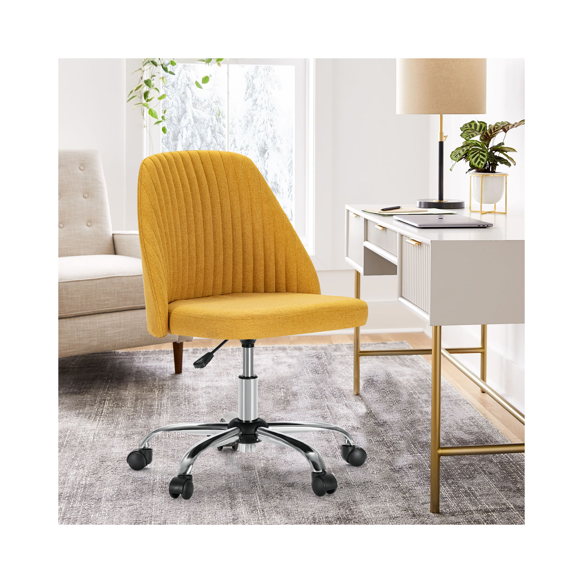 Task Chair Office Desk Chair Make Up Chair With Wheels(Set Of 2), Yellow