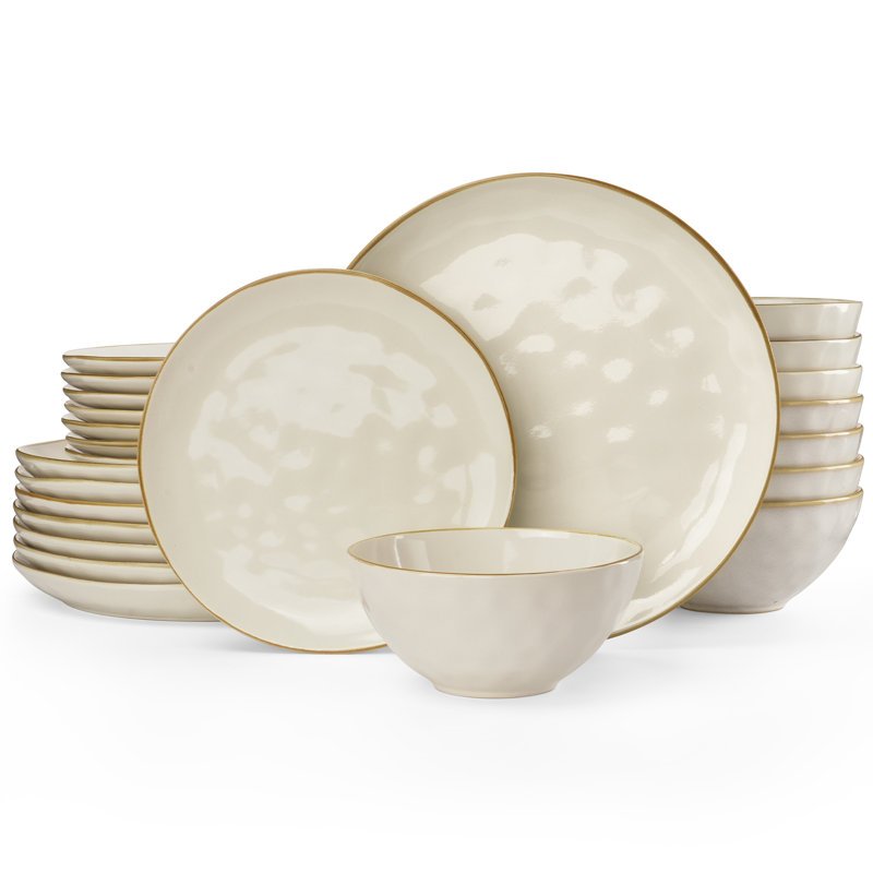 Services de vaisselle 24 pièces, ensemble de vaisselle en grès (ensemble de 8), White