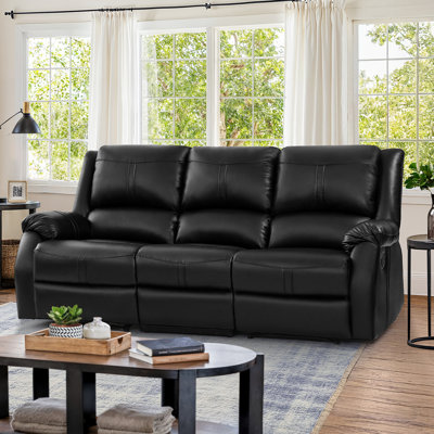 Chandrine 80.7" Wide Modern And Upholstered Leather Manual Reclining Sofa, 3-Seater Recliner Couch
