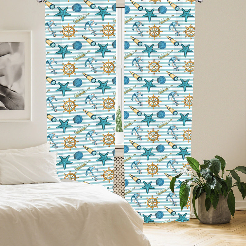 Nautical Blue Polyester Rod Pocket Curtain Panels, 84-inch