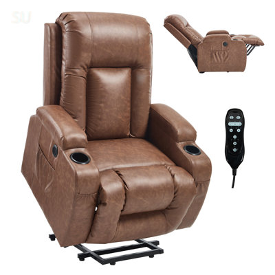 Brown PU Infinite Position Power Lift Recliner Chair For Elderly, Heavy Duty With 8-Point Vibration Massage, Lumbar Heating, USB Port, And Cup Holders, Recliner