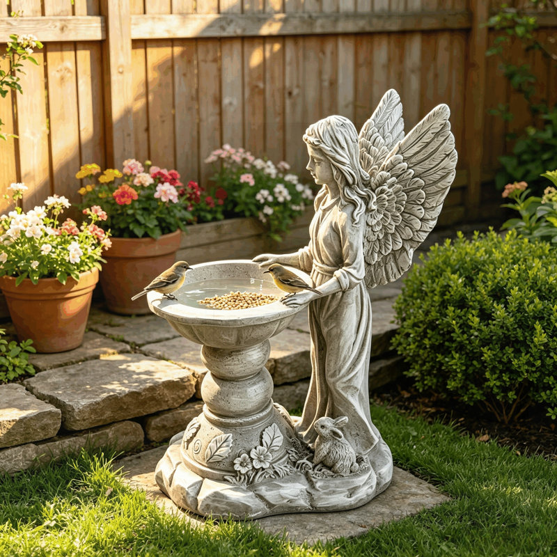 Sculpture de bain d'oiseaux en forme d'ange, statue de jardin en résine avec bol sur piédestal pour attirer la faune et embellir votre extérieur.