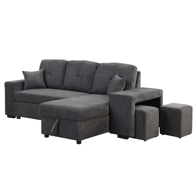 Sleeper Sectional Sofa Bed with Side Shelf and 2 Stools, Blue Black