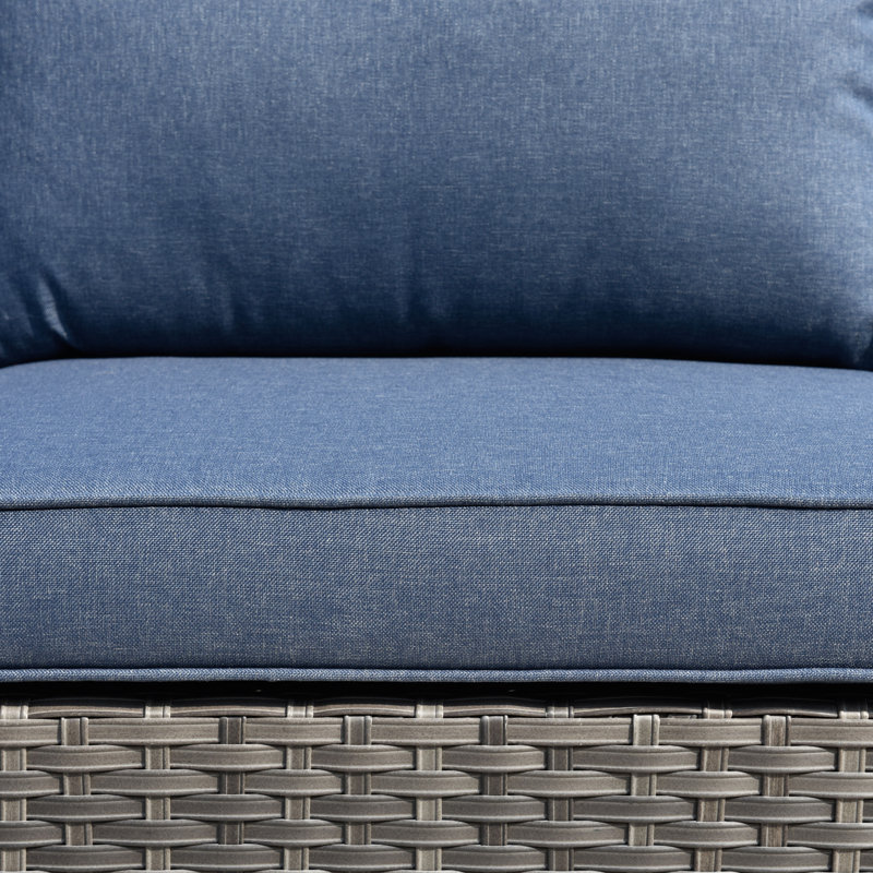 Ensemble de canapé modulaire d'extérieur en osier 14 pièces avec table basse et coussins en verre trempé Riyonna, Denim Blue