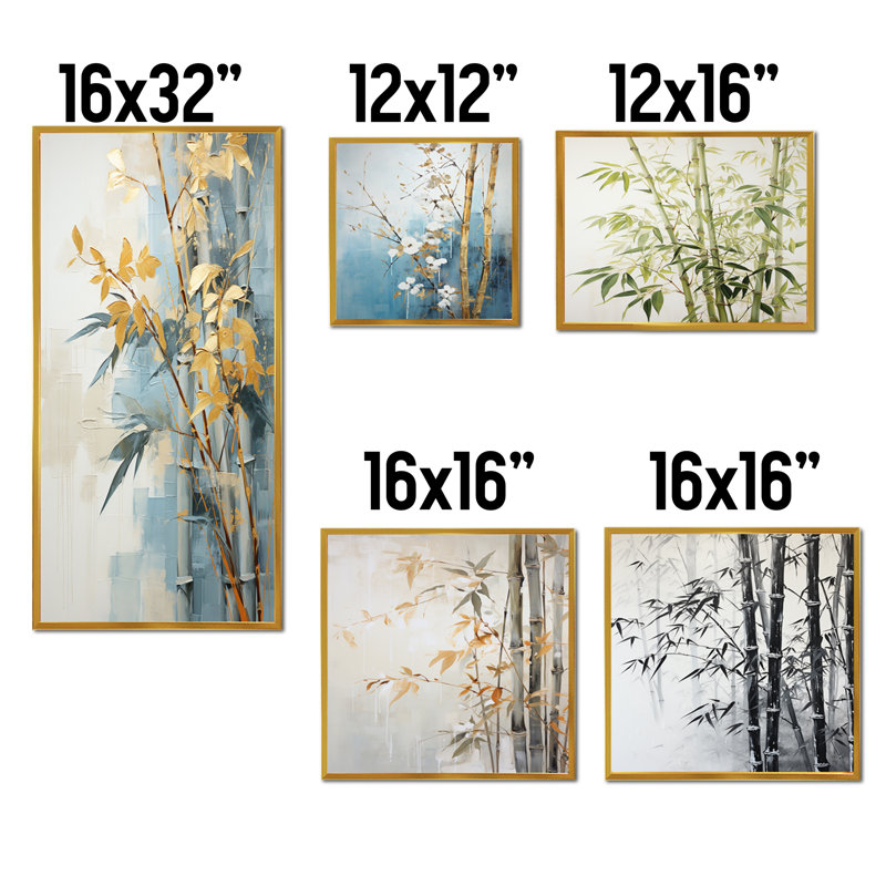Gold And Blue Bamboo IV - Bamboo Wall Decor Set Of 5, Gold Floater Framed