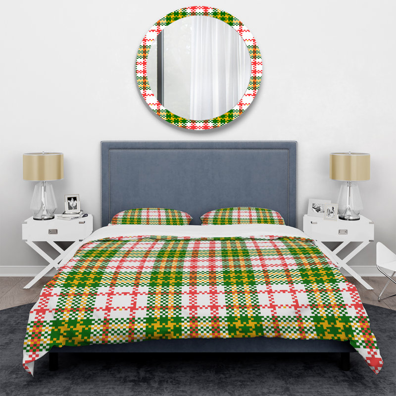 Tartan à carreaux blanc et vert - Ensemble de housse de couette abstrait - Microfibre de polyester