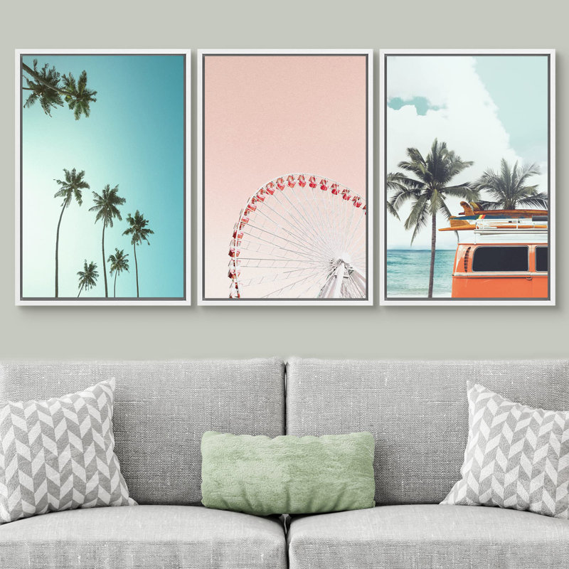 " Retro Vintage Ferris Wheel Beach Vacation Coastal Nautical Photography Modern Art Seascape Relax " 3 - Pieces, Blanc