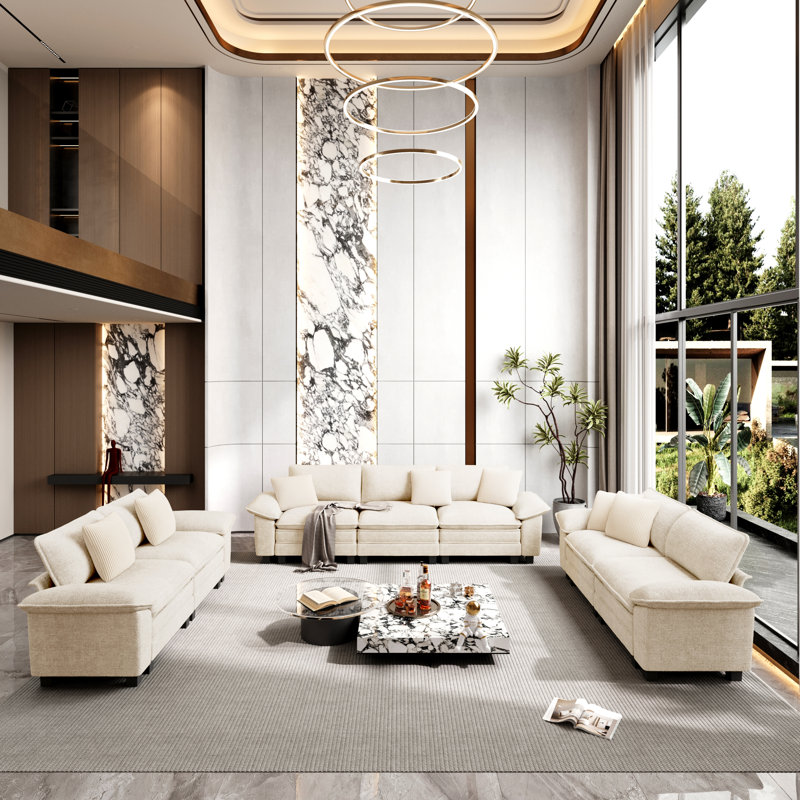 7 Piece Modular Living Room Set, Ivory Chenille